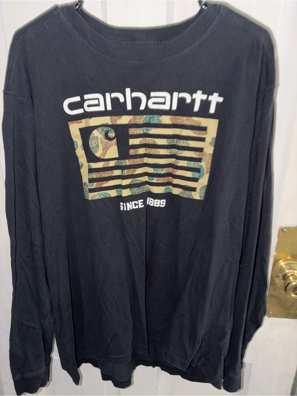 Carhartt Black Long Sleeve Tee with Camo Flag Graphic and White Logo
